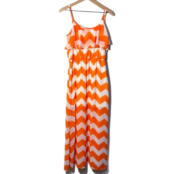 Maxi Sundress Chevron Print Women’s Medium Orange White Spaghetti Straps. - Picture 1 of 12